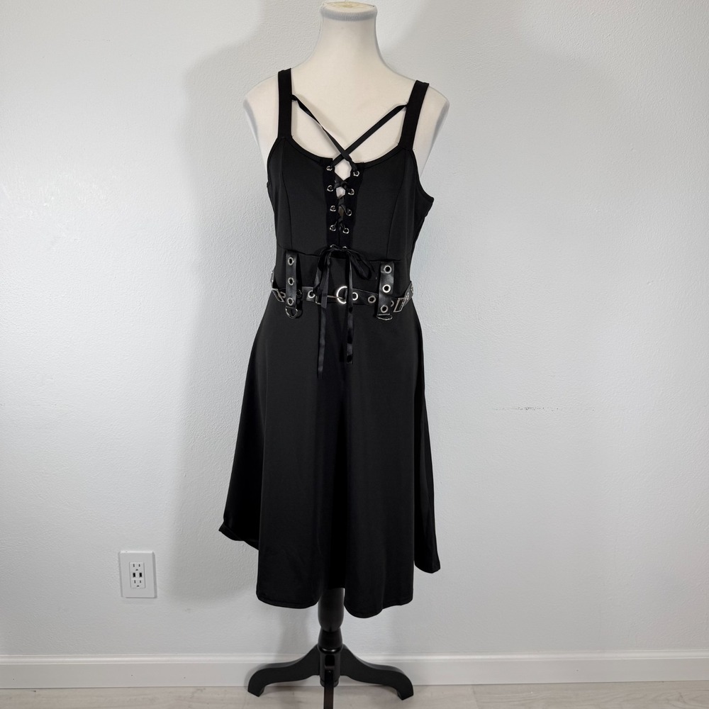 DRESSFO Gothic Punk Black A-Line‎ Lace-Up Corset Hardware Black Mini Dress US 10